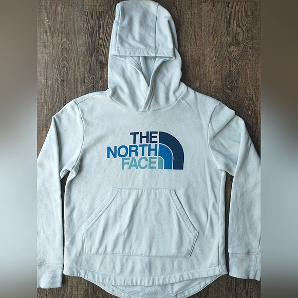 The North Face Girls Pullover Hoodie Ice Blue Big Spell Out Logo Size S 7/8 - Picture 3 of 15